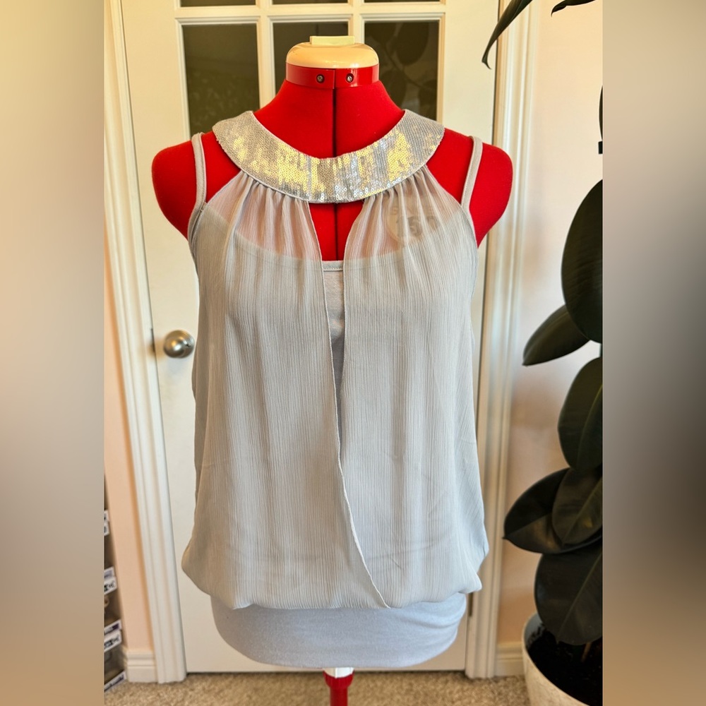 Charlotte Russe fashion top, grey/silver with sequin collar. Size medium.